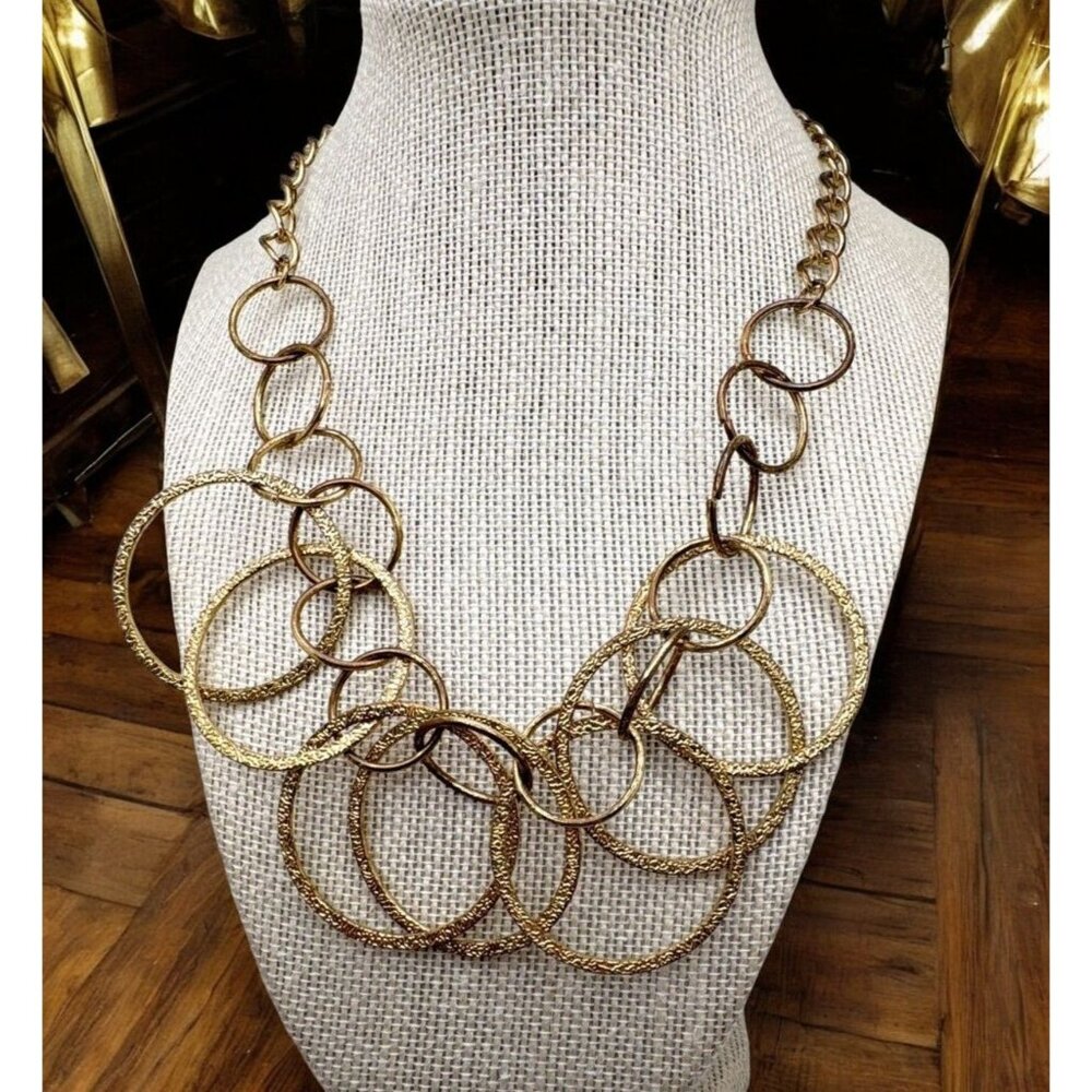 Vintage Gold Tone Multi Circle Statement Necklace Interlocking Rings Chunky